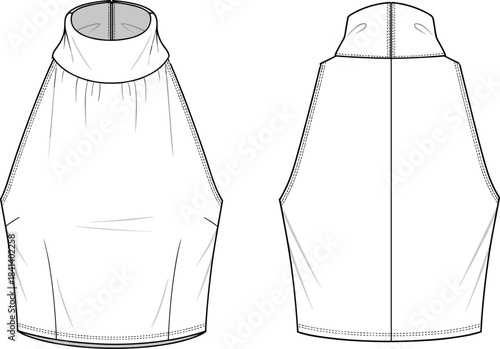 Halter mock neck top CAD template, technical flat sketch with gathered neckline and fitted silhouette, garment design vector illustration for fashion use