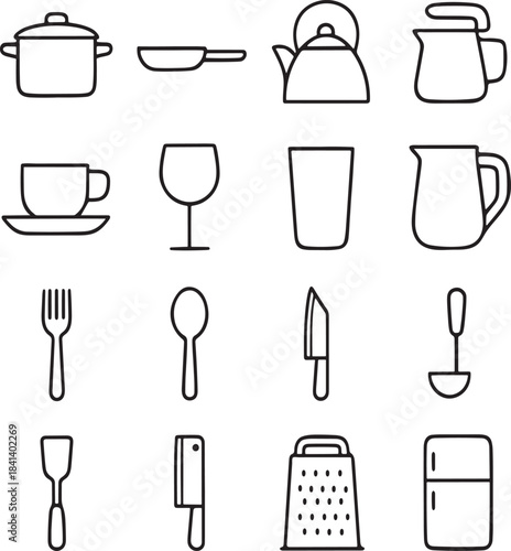 Collection of kitchen utensils and cookware icons