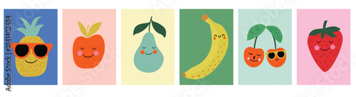 Smiling fruit characters including pineapple, apple, pear, banana, cherry, and strawberry in bright colors. Perfect for nursery decor, playroom art, Montessori, kitchen prints, cards.