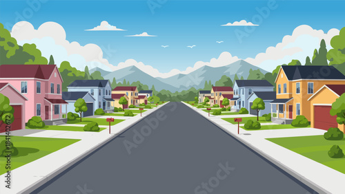 A picturesque suburban street lined with colorful houses and lush green trees, leading towards distant mountains under a clear blue sky.