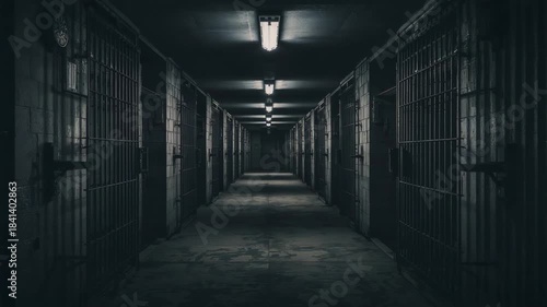 Recording fixed camera holding steady at entrance, showing central prison corridor and barred doors