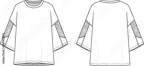 Wide-sleeve top CAD template, technical flat sketch with decorative sleeve panels and relaxed silhouette, garment design vector illustration for fashion designers