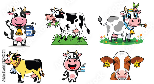 Collection of six cute cartoon cows in various poses and styles, dairy farm animals-01.eps