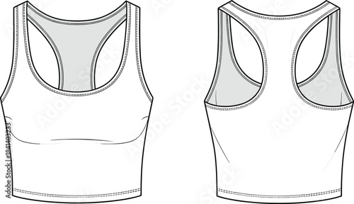 Sports bra CAD template, technical flat sketch with racerback and contour seams, activewear garment design vector illustration for fashion designers