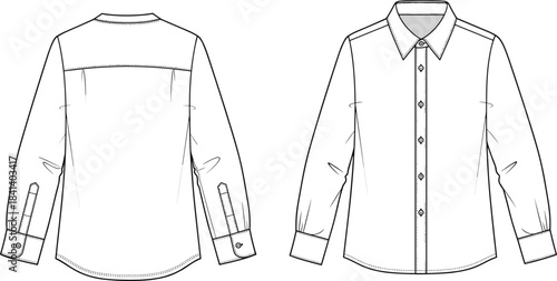 Button-up shirt CAD template, technical flat sketch with collar, cuffs, yoke and sleeve details, garment design vector illustration for fashion