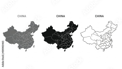 Set of three vector maps of China featuring administrative provincial borders. Includes a solid black silhouette, a gray version, and a clean minimalist line-art outline. Perfect for infographics.