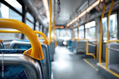 Interior view of an empty city bus with blue seats, yellow handles, and overhead lights