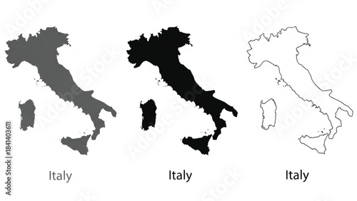 Three vector maps of Italy with administrative regional borders. Features a solid gray version, a black silhouette, and a minimalist line-art outline. Ideal for travel guides, historical infographics.