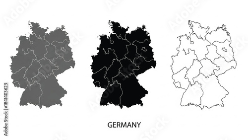 A high-quality vector set featuring the map of Germany in three distinct styles: a solid gray silhouette, a solid black silhouette, and a clean black-and-white outline. Each version clearly displays.