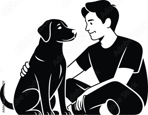 Man Sitting And Petting A Black Labrador Dog Looking At Each Other animal