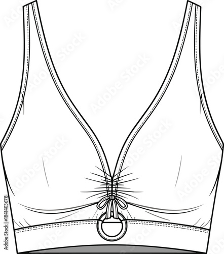 Bralette CAD template, technical flat sketch with plunge neckline, gathered front and ring detail, lingerie design vector illustration for fashion designers