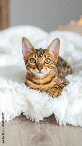 Cute tabby kitten on a white fluffy blanket