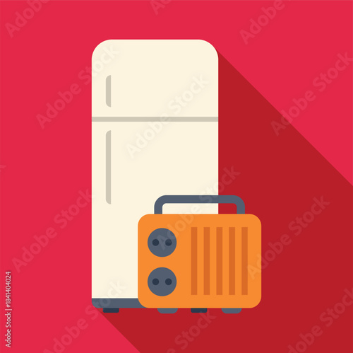 Refrigerator standing next to a portable power generator on a red background