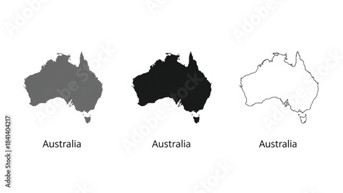 A professional collection of Australia map silhouettes presented in three versatile styles: solid gray, solid black, and a clean black outline. Each vector graphic is accurately shaped to represent. 
