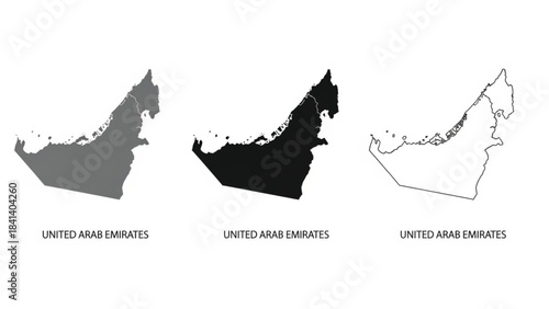 A professional vector set of the United Arab Emirates (UAE) map, featuring three versatile styles: solid gray, solid black silhouette, and a clean black outline.