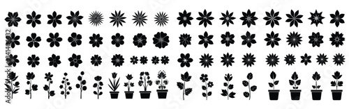 Collection of black and white floral silhouettes featuring various flower shapes and potted plant designs