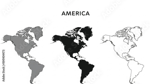 This professional vector illustration features the maps of North and South America in three distinct styles: solid gray, solid black, and a clean black outline. Perfect for educational geography mater
