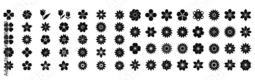Collection of black and white floral silhouette icons representing various flower types and designs for decoration