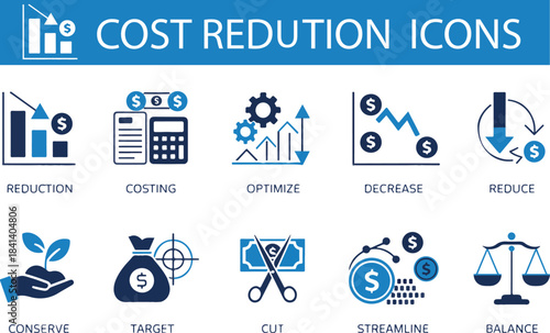 Cost Reduction Icon Set – Solid Glyph Dual Color Style for Savings, Efficiency & Optimization