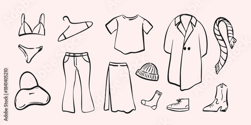 Hand drawn clothing set with jackets, skirts, jeans, dresses, shoes, accessories, and hangers. Perfect for fashion branding, and design. Vector illustration.