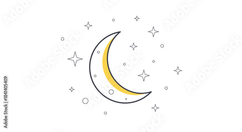 Minimalist illustration of a serene moon crescent surrounded by stars in a clear nightscape