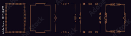 Art deco frames. Elegant line gold ornament borders, luxury decorative labels for wedding invitation card, simple modern geometric antique vintage frame elements. Vector golden set