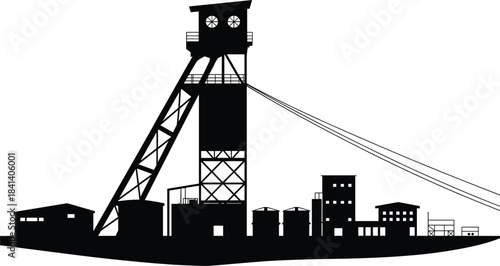 Silhouette of a coal mine headframe and industrial buildings vector illustration