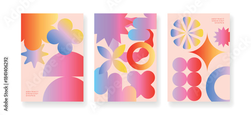 Abstract Gradient Shapes Posters with Colorful Fluid Circles, Stars, Flowers and Cross Figures. Futuristic Mesh Design Elements for Poster, Background or Digital Art Vector Illustration.