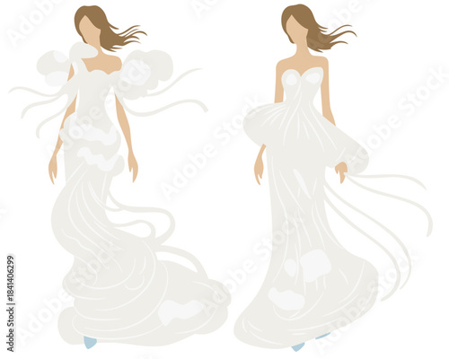 Stylish collection of classic white dresses and evening gowns for women, featuring diverse silhouettes and airy, flowing fabric