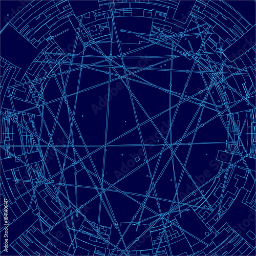 A blue circular network of lines and dots creates a futuristic space station contour map.