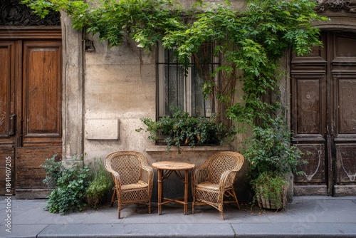 Fototapeta Naklejka Na Ścianę i Meble -  Charming exterior of a building with wooden doors, a small table, chairs, and climbing foliage