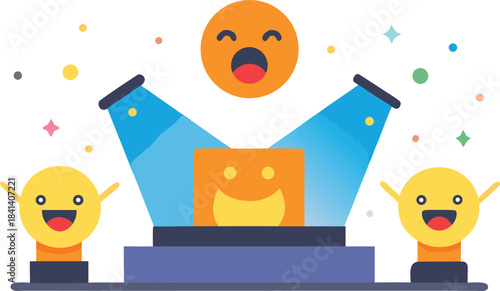 Excited emojis on a glowing stage with spotlights vector illustration