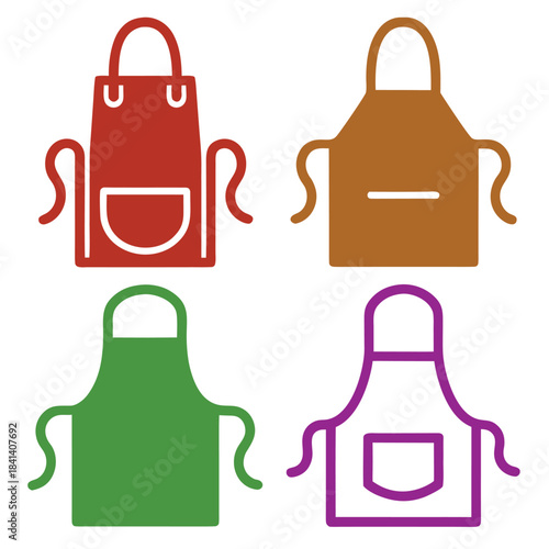 Four colorful flat aprons with pockets and ties arranged in a grid cooking kitchen