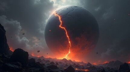 Fototapete Grau 2 Apocalyptic sci fi landscape featuring a dark planet with a glowing lava crack and stormy sky suitable for dramatic movie posters.  © Pro Clipart