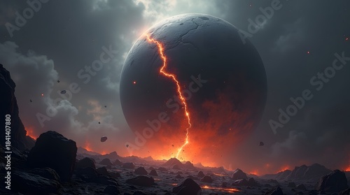 Wallpaper Mural Apocalyptic sci fi landscape featuring a dark planet with a glowing lava crack and stormy sky suitable for dramatic movie posters. Torontodigital.ca