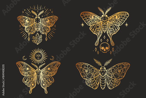 Mystical gold gradient moth set with celestial and occult symbols