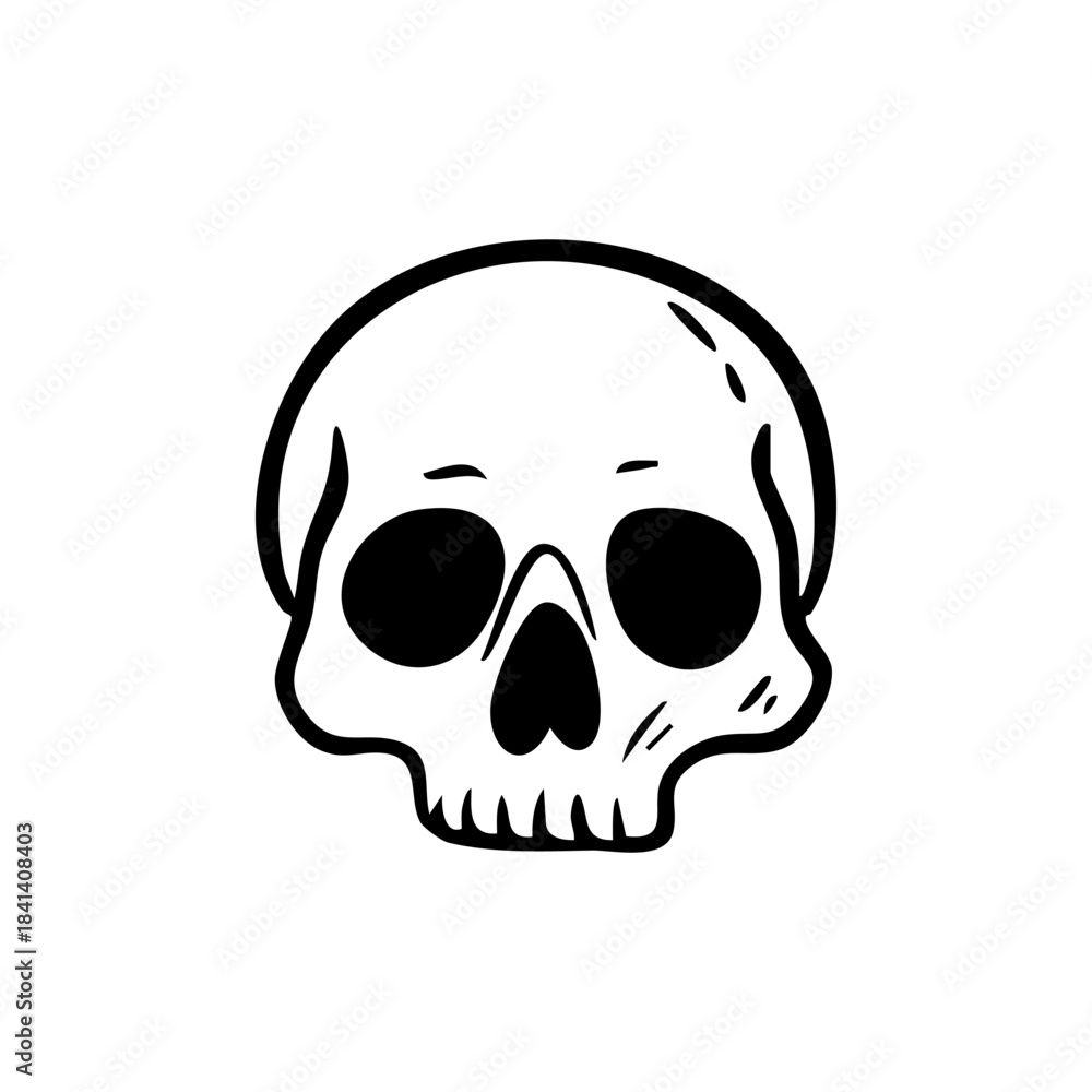 Fototapeta premium Minimal cartoon skull in black line art for tattoo or gothic design