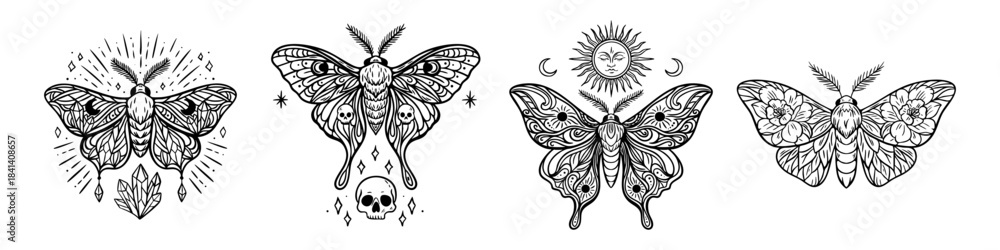 Fototapeta premium Set of mystical boho moths with celestial and esoteric symbols