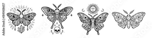 Set of mystical boho moths with celestial and esoteric symbols
