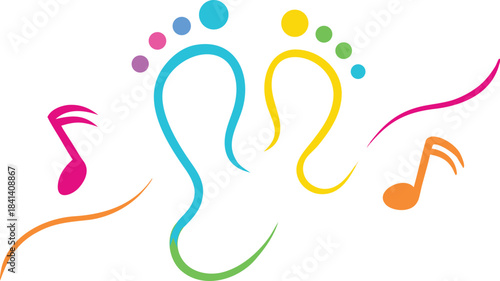Colorful neon dancing feet with musical notes vector illustration eps scalable