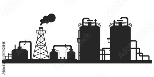Silhouette of an oil refinery with storage tanks and a drilling rig industrial industry