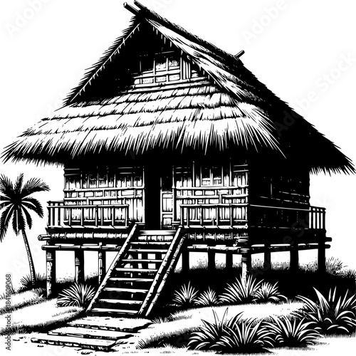 Tropical beach hut by the ocean on a sandy summer shore