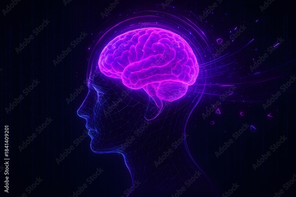 Obraz premium Glowing purple brain inside transparent head profile