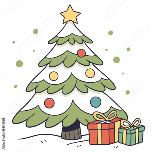 A cute cartoon Christmas tree decorated with colorful ornaments, a golden star on top, and two wrapped presents at the base, surrounded by falling snowflakes.