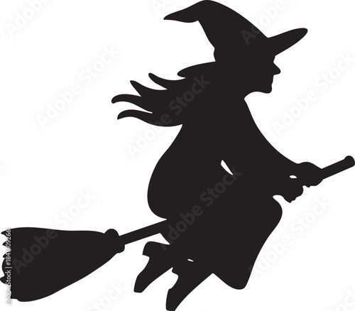 Silhouette of a witch flying on a broomstick, Halloween character, spooky season, magical creature, enchantment and fantasy on isolated white background.