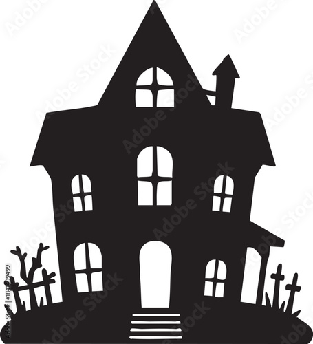 Creepy haunted house silhouette with spooky trees and graveyard elements, perfect for Halloween decorations, horror designs and events