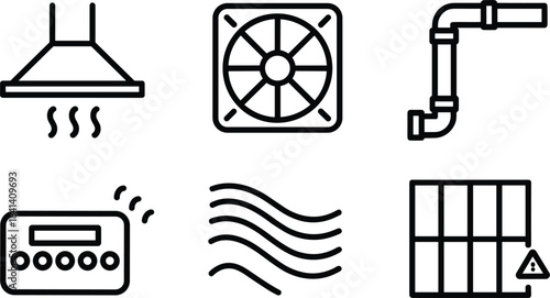 Ventilation and Air Flow Icons on White Background Hood Fan Pipe Control Waves Grid vector