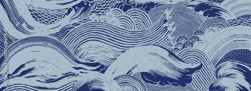 Hand drawn brush line intricate Japanese style waves and foam pattern, ethnic and tribal wood carving, block print texture background for banner and design project
