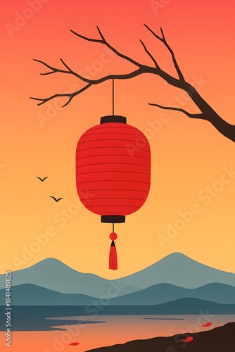 Red lantern hanging tree branch sunset