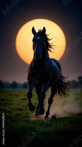 a horse galloping in front of the full moon - generative ai